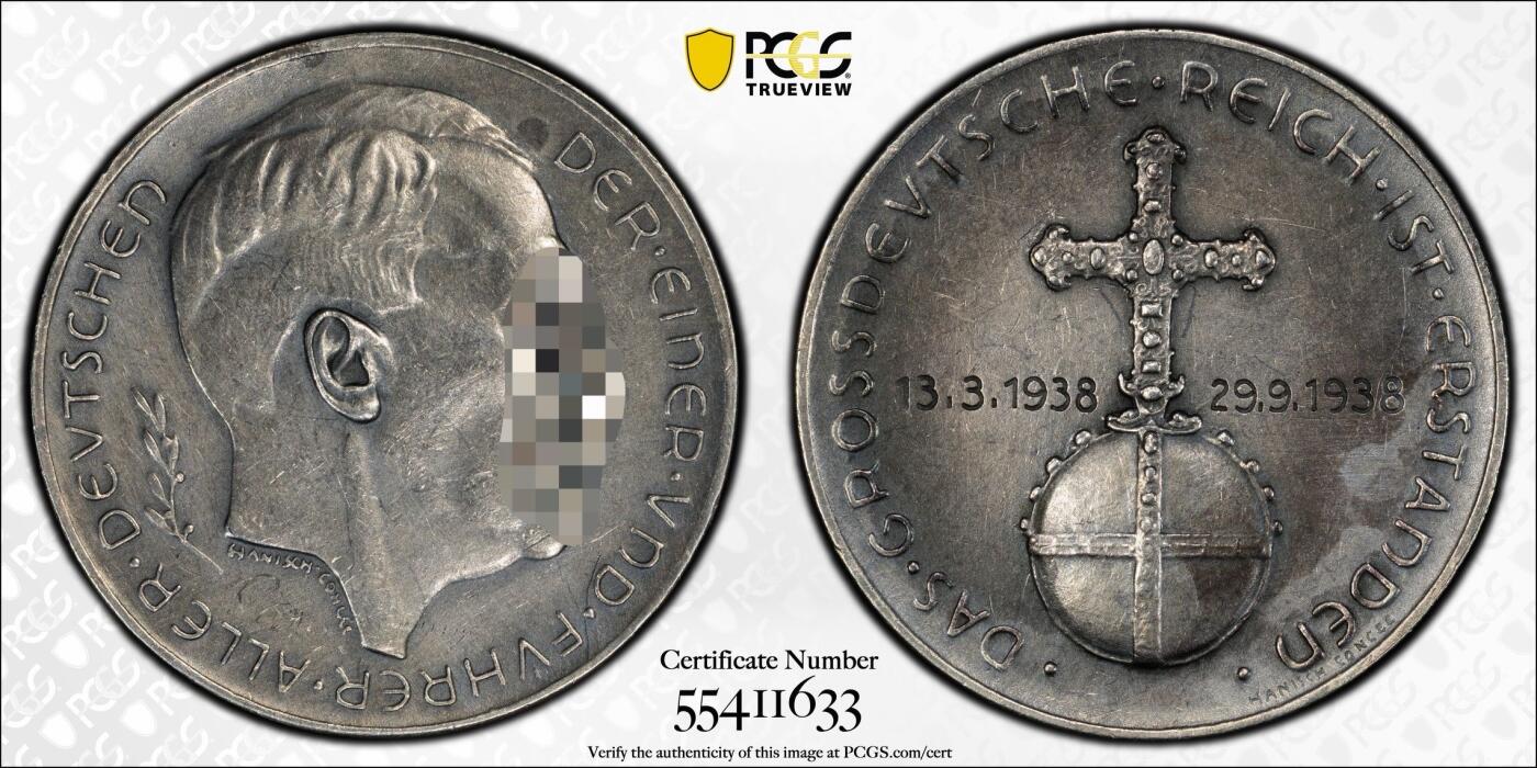 万国钱币拍卖第053期【万国秋季大拍下●周五周六两场连拍】 PCGS SP58 1938年德国民族社会主义工人党纪念吞并奥地利银章 900银天鹅绒黑彩C-114 收藏级品质（原图请私信后台或自行查询官网）