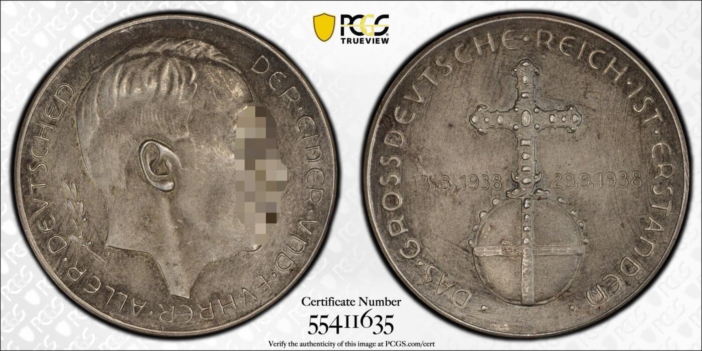 万国钱币拍卖第053期【万国秋季大拍下●周五周六两场连拍】 PCGS SP63 1938年德国民族社会主义工人党纪念吞并奥地利银章 900银顶级天鹅绒黑彩C-114 天鹅绒彩收藏级品质（原图请私信后台或自行查询官网）