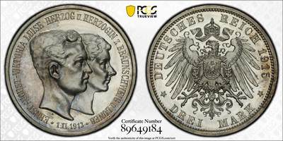 万国钱币拍卖第053期（万国秋季大拍●下） - PCGS PR61 1915年德国布伦瑞克-狼堡大婚纪念精制3马克 原味深度镜面 欧陆淡彩非常出彩