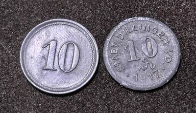 北京马甸外国币专卖第145期，外国币专场，陆续上拍，欢迎关注 德国帝国迪伦根（Dillingen）1917年城市紧急状态币（10芬尼单位面值）