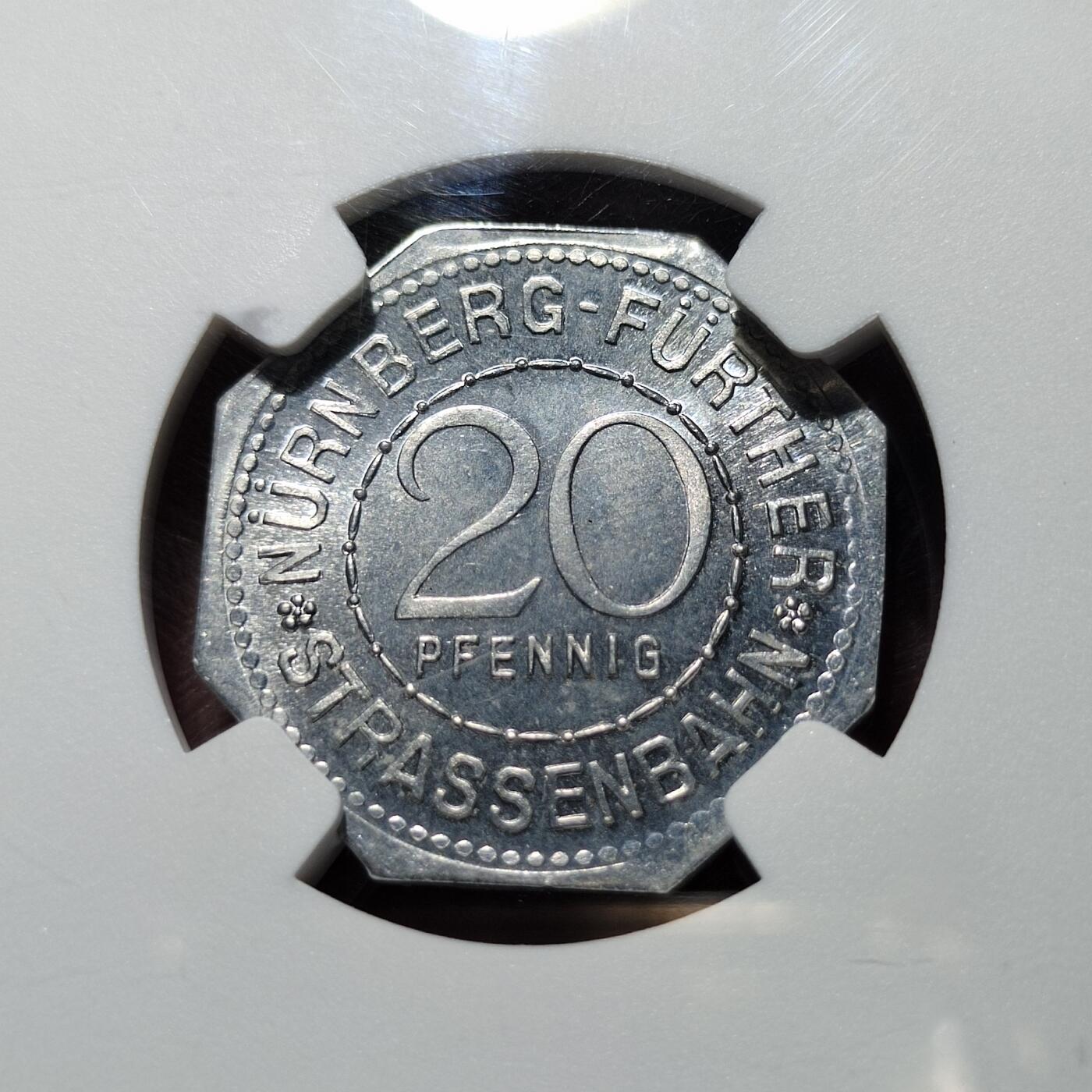 中外钱币第五场 NGC ms65分德国1920年纽伦堡-菲尔特电车代币20芬尼–卡尔斯桥