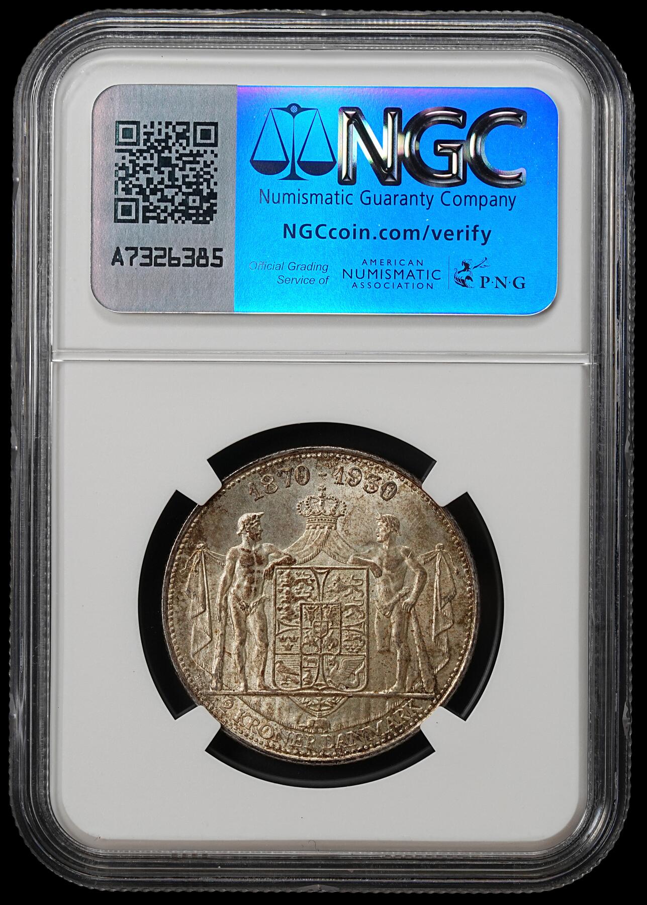 修遠堂世界钱币第九十期 NGC MS65 1930年丹麦国王60大寿纪念2克朗银币