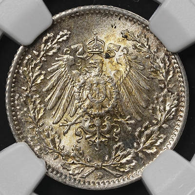 修遠堂世界钱币第九十期 - NGC MS65 1916年德国1/2马克银币 D厂铭