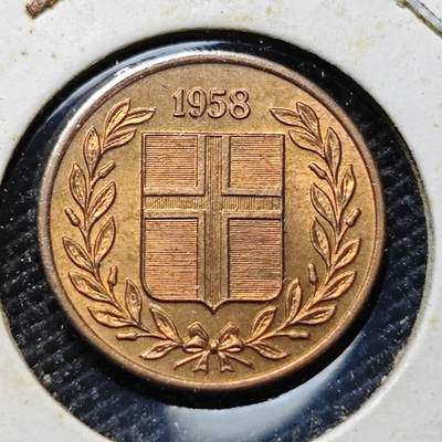 KK钱币收藏小铺  第357场  2月预留时间 周末发货 - 1958冰岛1分 铜币 好品