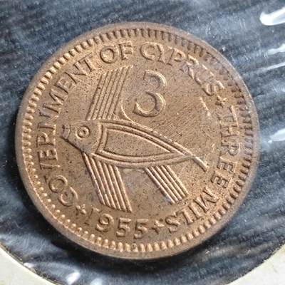 KK钱币收藏小铺  第357场  2月预留时间 周末发货 -  1955英属塞浦路斯3米尔铜币 好品