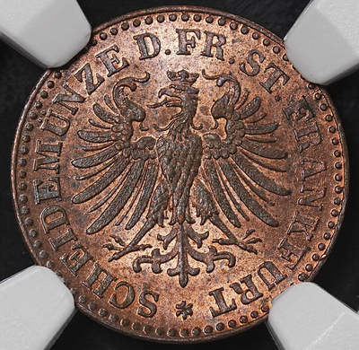 修遠堂世界钱币第九十期 - NGC MS63RB 1863年法兰克福1 Heller铜币