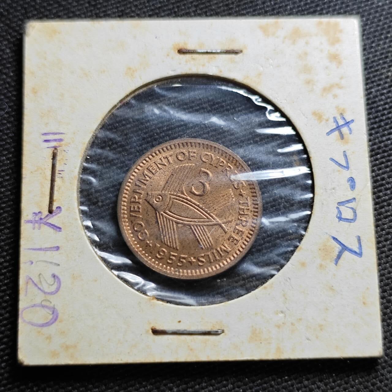 KK钱币收藏小铺  第357场  2月预留时间 周末发货  1955英属塞浦路斯3米尔铜币 好品