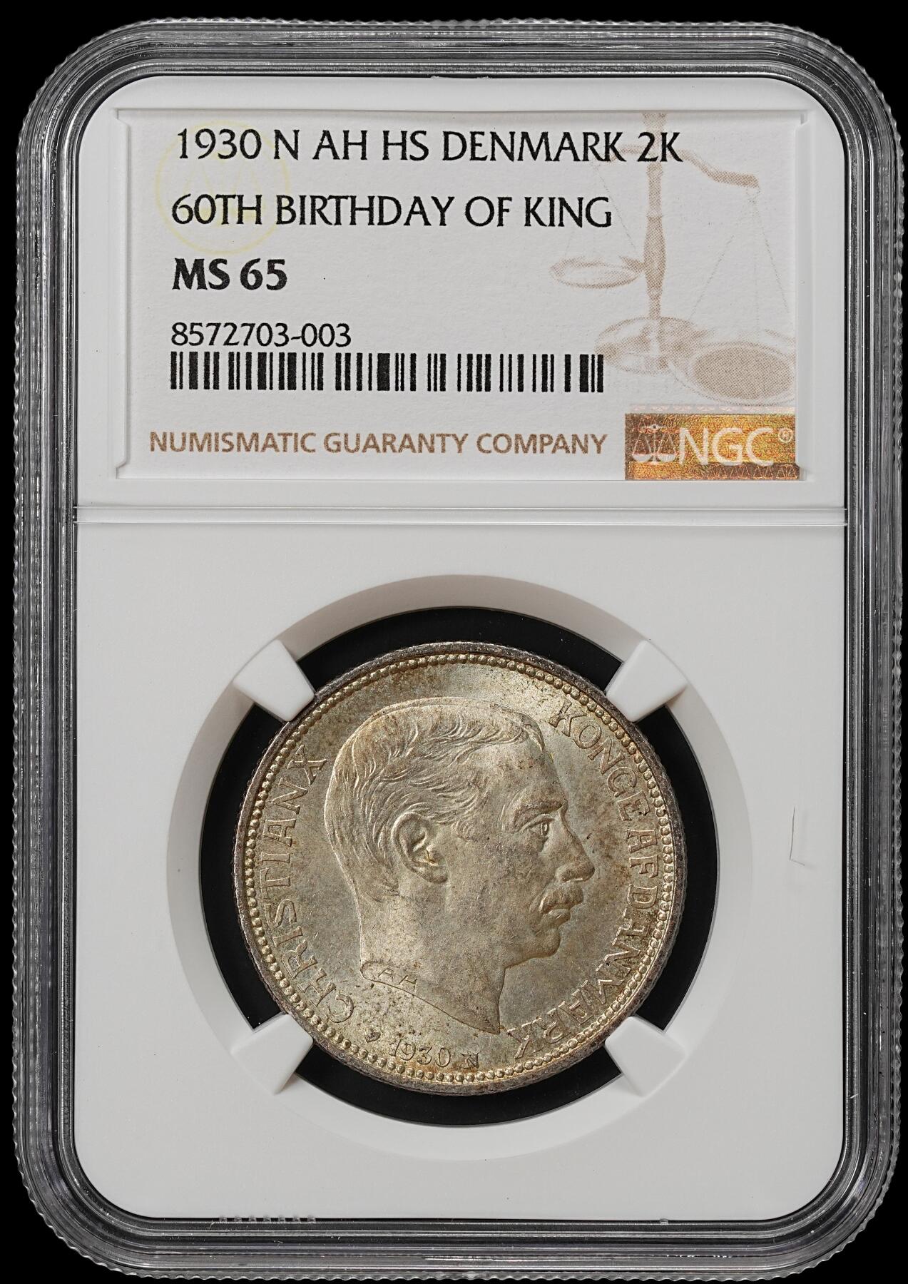 修遠堂世界钱币第九十期 NGC MS65 1930年丹麦国王60大寿纪念2克朗银币