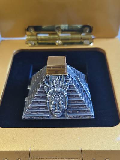 尼加拉瓜2022年3D库库尔坎金字塔形状5盎司银币.999银镀金，发行750枚