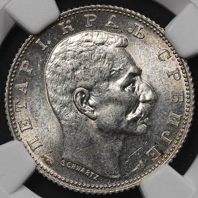 修遠堂世界钱币第九十期 - NGC MS62 1915年塞尔维亚1 DINAR银币