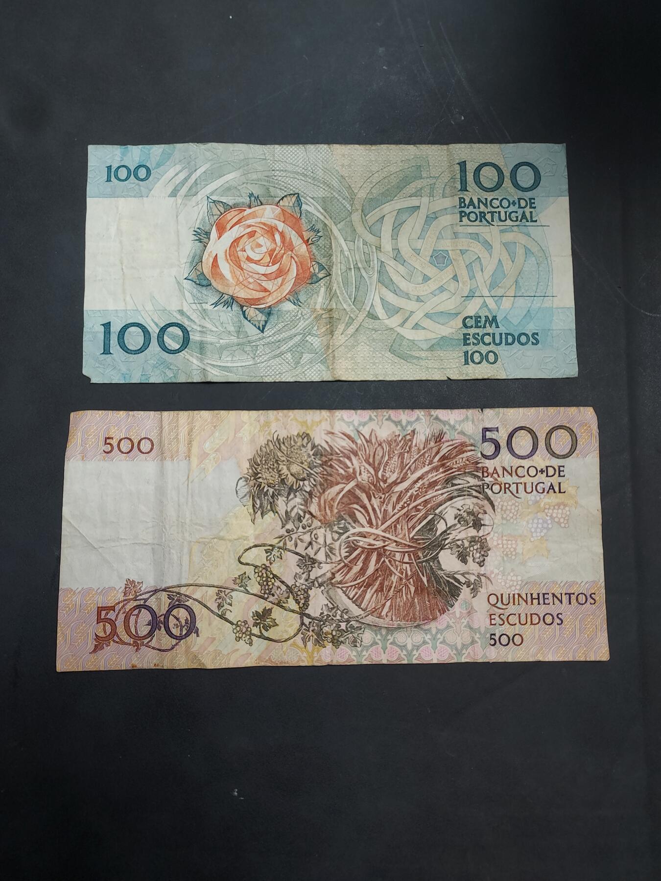 博彦收藏  11月5日 8点钱币专场 葡萄牙 100/500 埃斯库多 100流通品 500有裂 流通下品