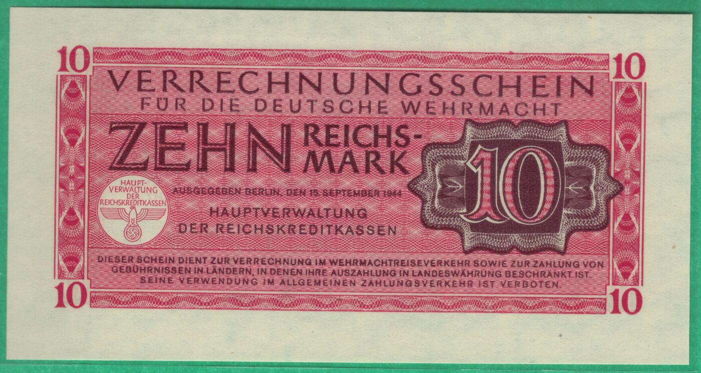 德国1944年10马克 二战军用票 P-M40 实物图 UNC