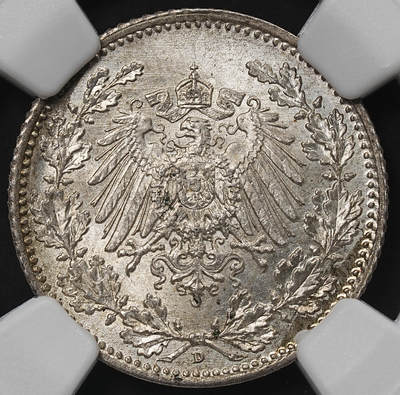 修遠堂世界钱币第九十期 - NGC MS65 1914年德国1/2马克银币 D厂铭