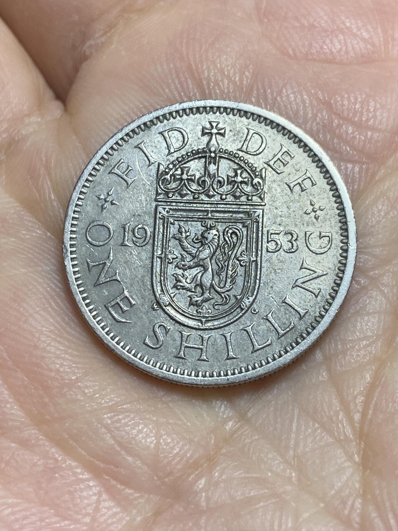 2025年第一百一十五场(总第一百四十一场）外国好品散币(免佣金) 英国🇬🇧1953单年份1先令(伊丽莎白二世加冕年，苏格兰盾徽版，第一版)