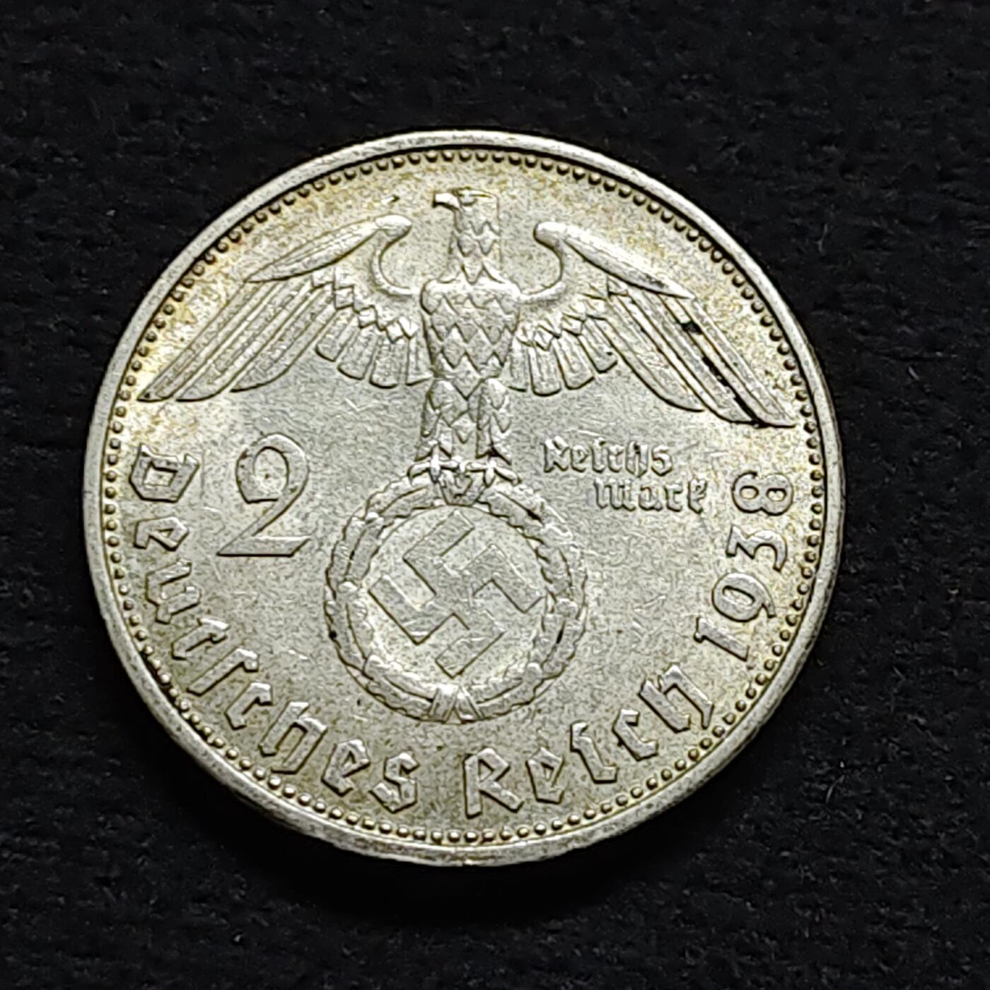 【全场包邮】纯粹捡漏拍470场（免费代拍第7场） 德国第三帝国1938年2马克（25毫米8克）银币