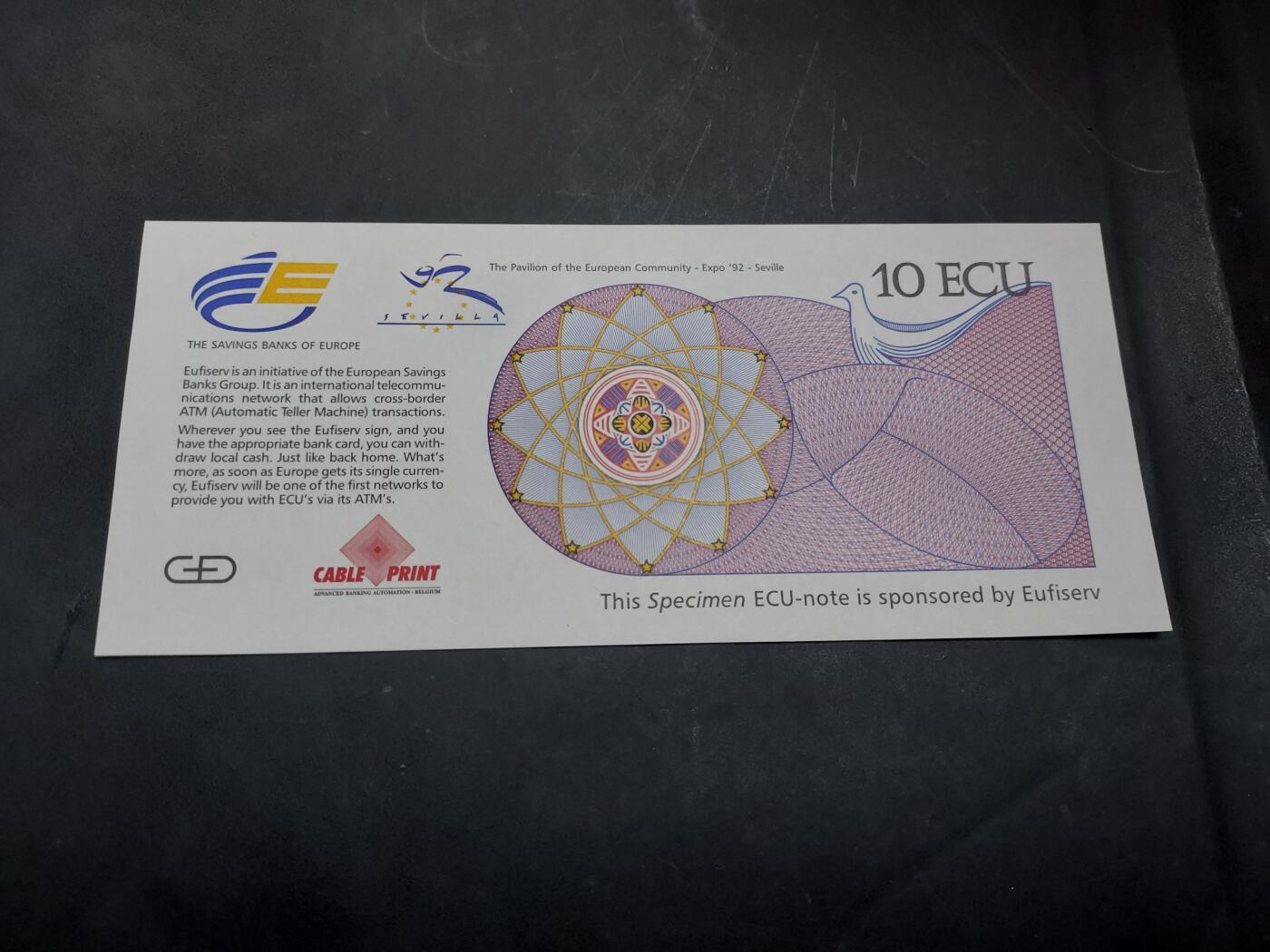 博彦收藏  11月5日 8点钱币专场 欧洲 1992 世博 测试钞 Specimen 样品 UNC 