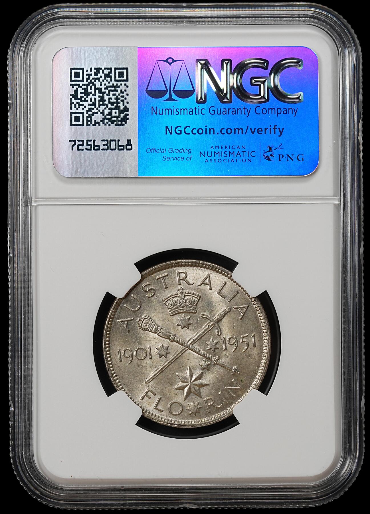 修遠堂世界钱币第九十期 NGC MS63 1951年澳大利亚联邦50周年纪念1佛罗林银币