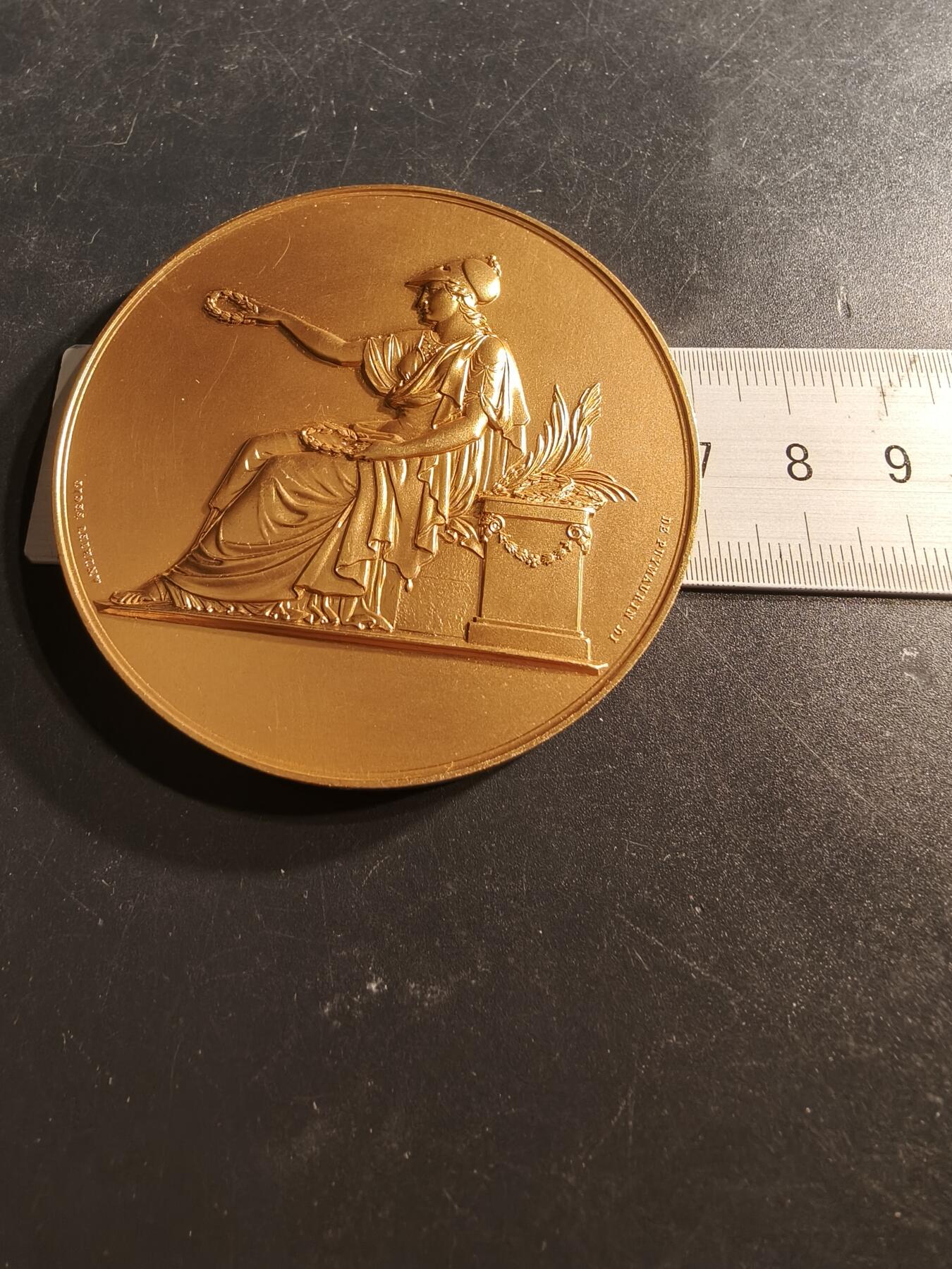 老王徽章第158期 法国镀金玛丽安娜大铜章    坐姿      直径68mm.   重量152.3g