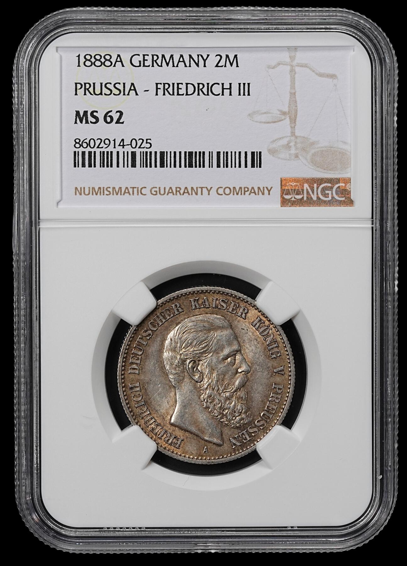 修遠堂世界钱币第九十期 NGC MS62 1888年普鲁士弗里德里希三世2马克银币