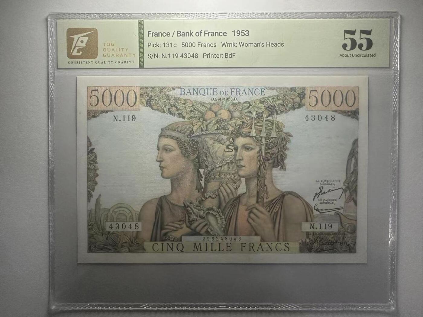 喜羊羊钱币收藏2025第10期(原相机拍摄普惠场) 法国	P-131c 1953年5000法郎			55				N.119 43048			