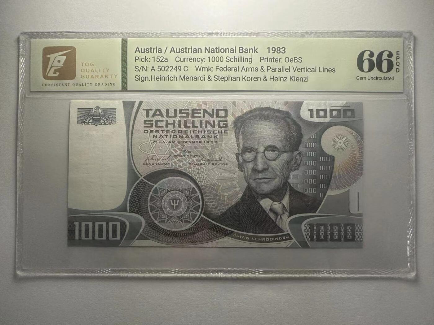 喜羊羊钱币收藏2025第10期(原相机拍摄普惠场) 奥地利	P-152a 1983年1000先令	66E				A502249C			