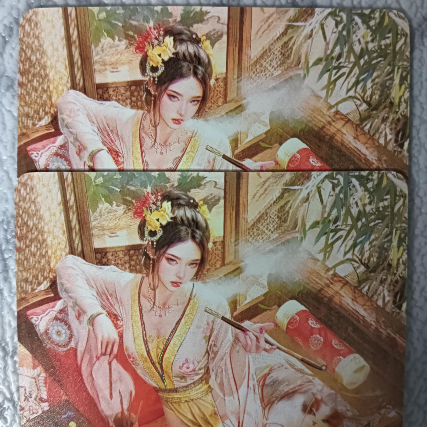 花开卡拍第44期（10月26号周日截拍，品控勿拍!!!拍品不寄存，运费5元，自制卡难免瑕疵，可能存在轻微撞角爆边等出厂瑕疵，品控介意勿拍！） 燎原焱卡 人间传 聘娘双服饰 幻彩普卡2张
