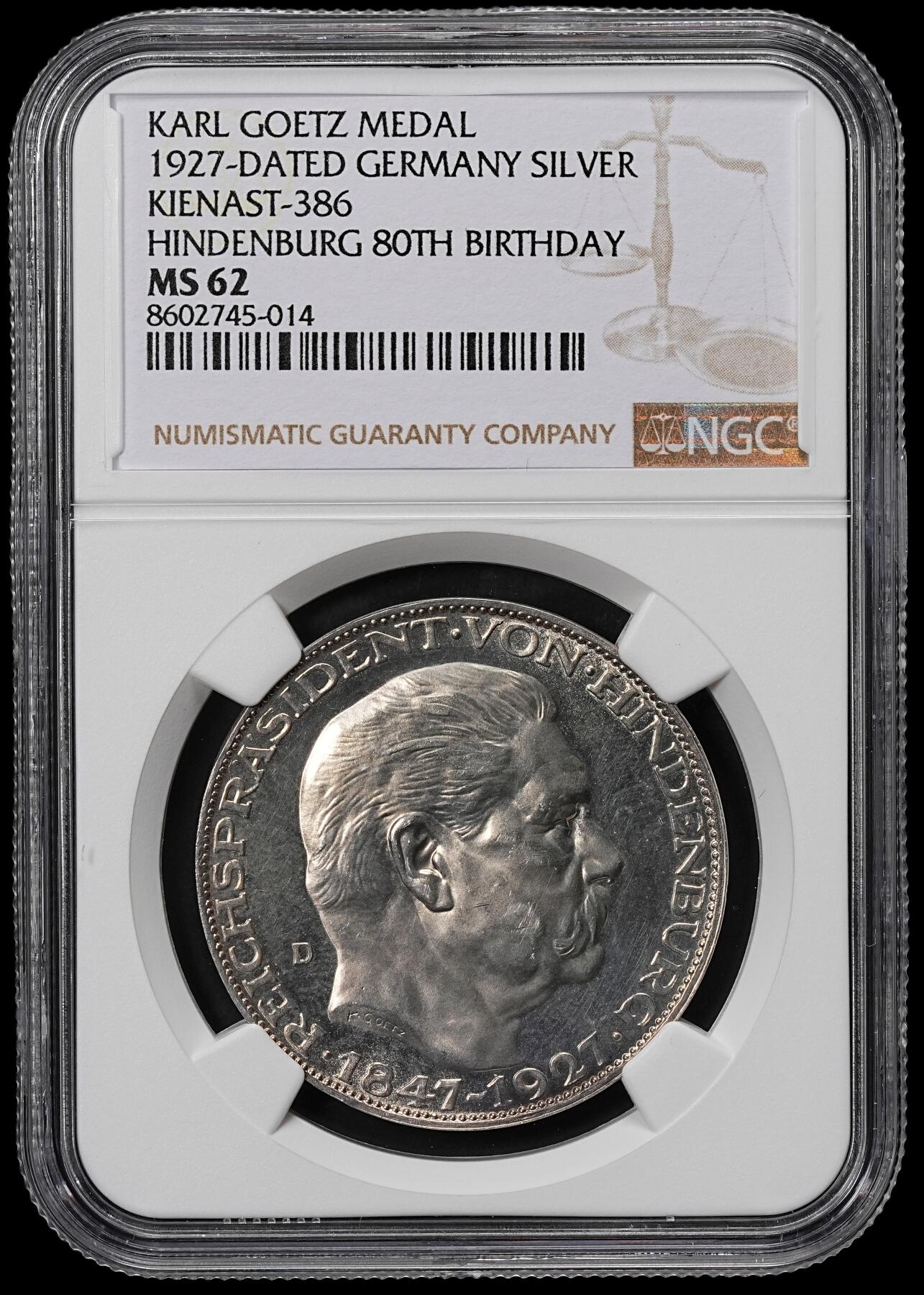 修遠堂世界钱币第九十期 NGC MS62 1927年德国-兴登堡80大寿纪念银币章 五马克型
