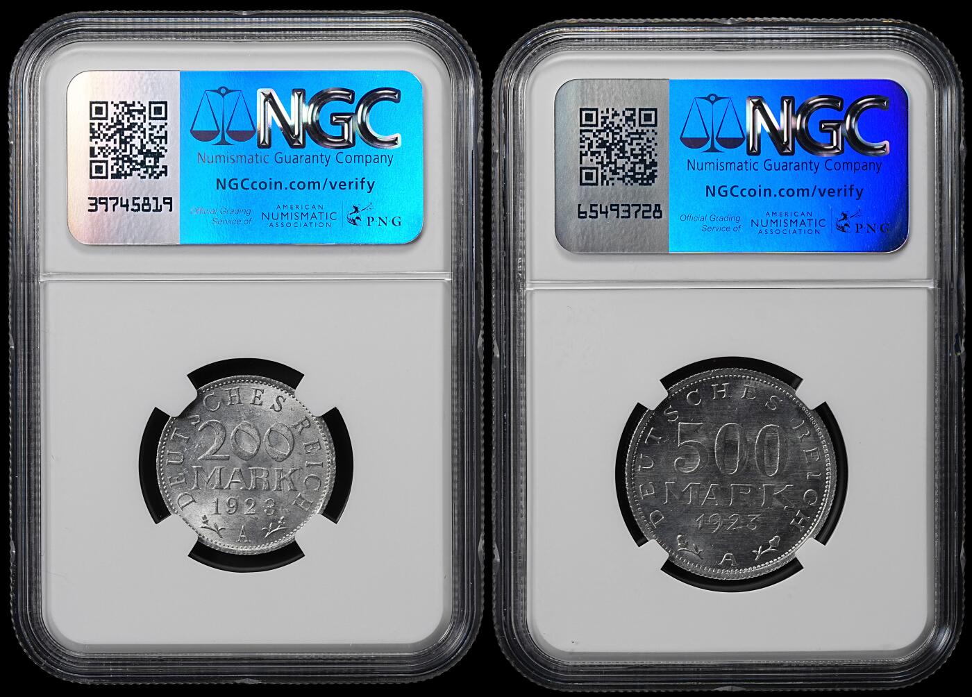 修遠堂世界钱币第九十期 NGC评级 1923年魏玛政府200，500马克铝币两枚