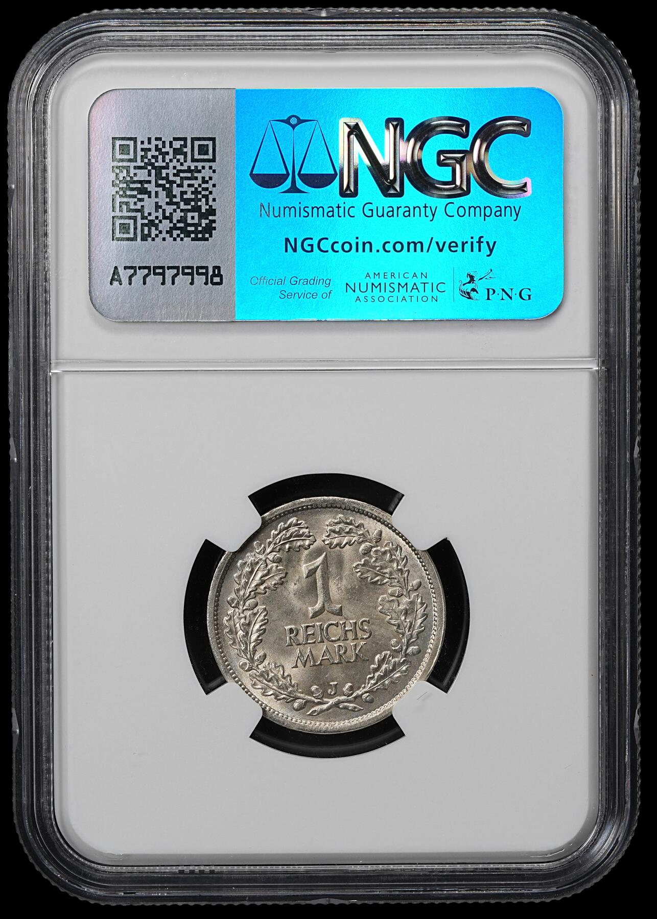 修遠堂世界钱币第九十期 NGC MS65 1925年德国魏玛政府1马克银币 J厂铭 冠军分