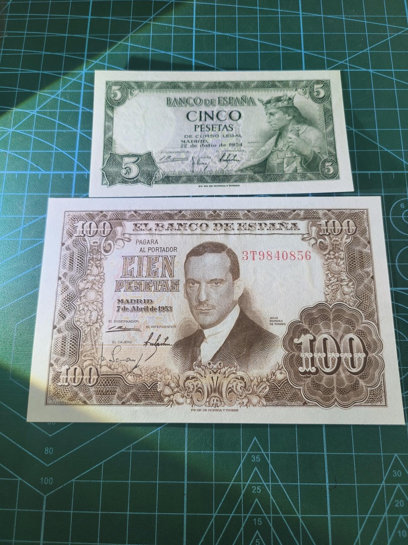 世界靓号纸钞第七十六期 1953-54年老版西班牙5 100比塞塔两张 全新UNC