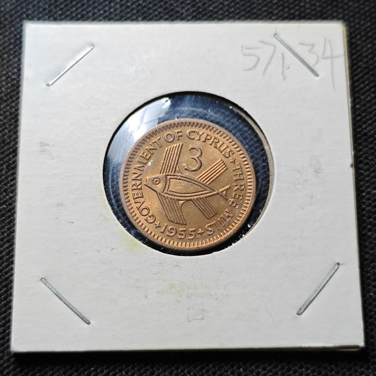 KK钱币收藏小铺  第357场  2月预留时间 周末发货  1955英属塞浦路斯3米尔铜币