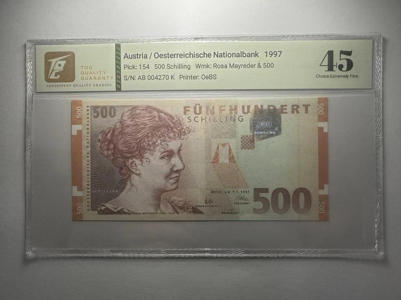 喜羊羊钱币收藏2025第10期(原相机拍摄普惠场) 奥地利	P-154 1997年500先令			45				AB004270K		