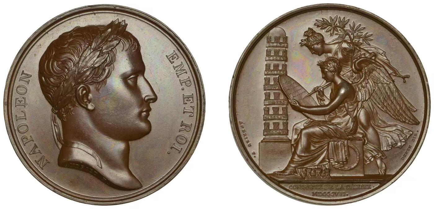 万国钱币拍卖第053期【万国秋季大拍上●周五周六两场连拍】 NGC MS65 1807年法国拿破仑一世征服西里西亚纪念大铜章 胜利女神在石碑上书写胜利 拿皇经典原铸系列红铜光极致美丽