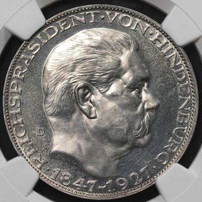修遠堂世界钱币第九十期 - NGC MS62 1927年德国-兴登堡80大寿纪念银币章 五马克型