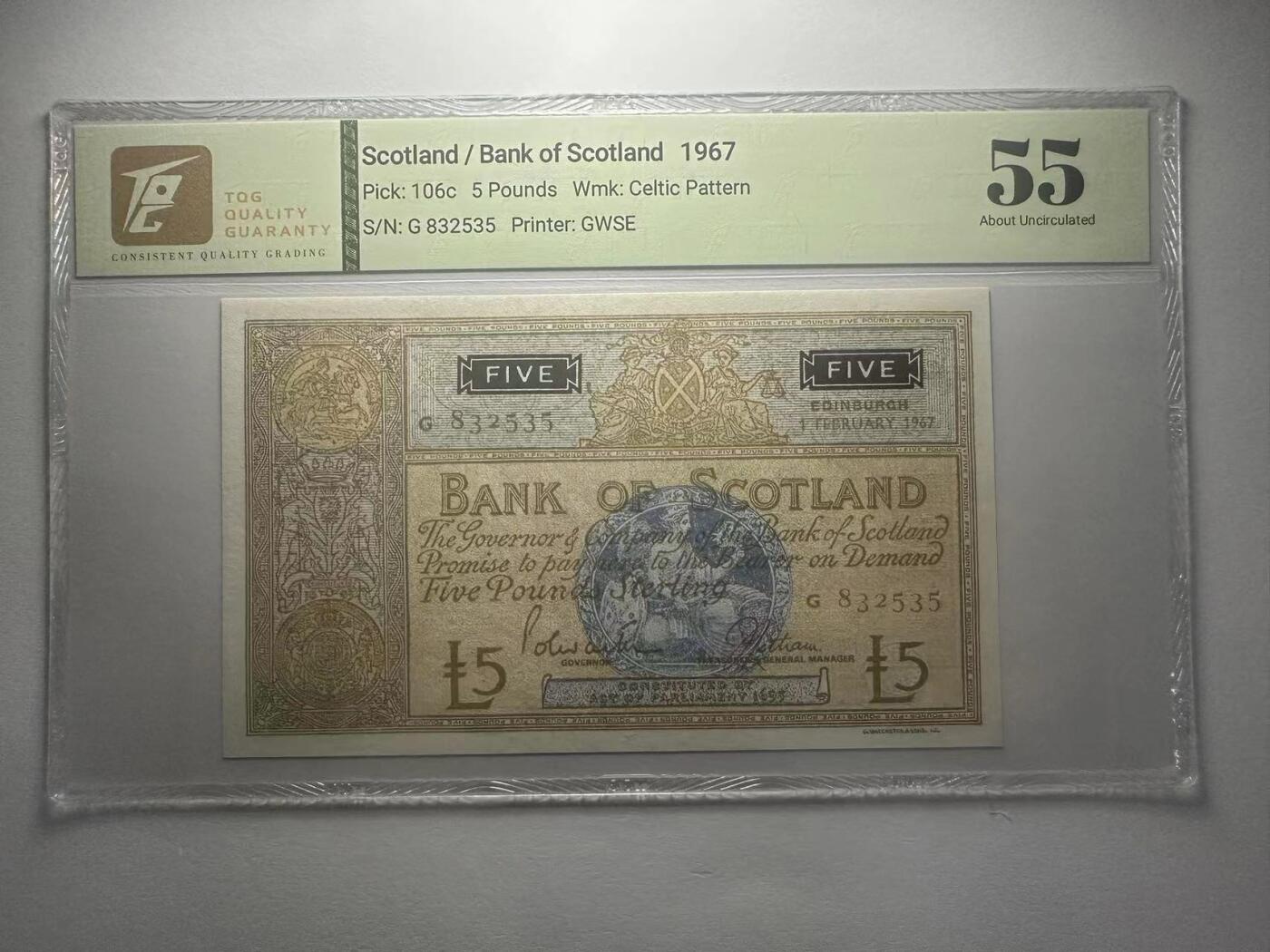 喜羊羊钱币收藏2025第10期(原相机拍摄普惠场) 苏格兰/苏格兰银行	P-106c 1967年5镑		55				G832535			