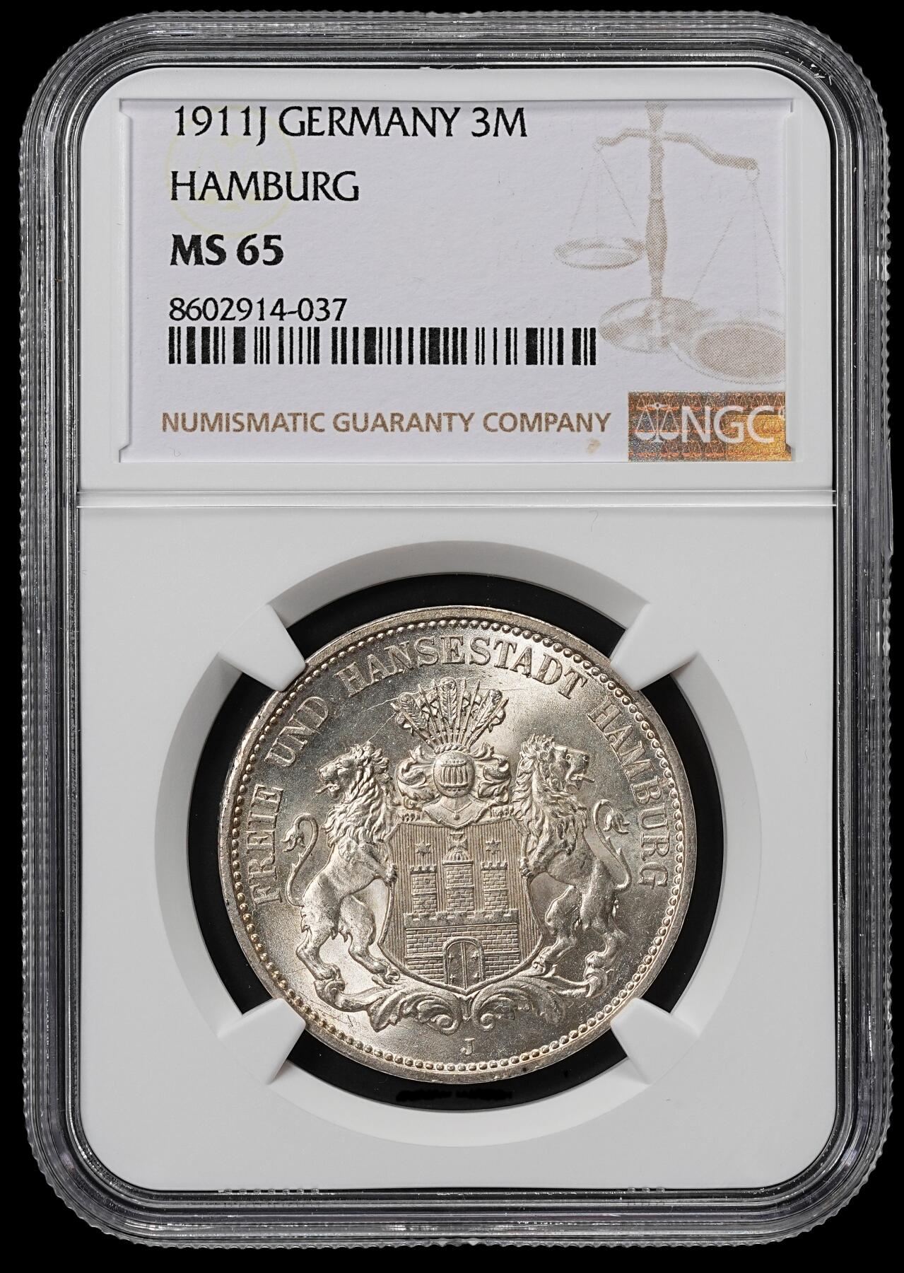 修遠堂世界钱币第九十期 NGC MS65 1911年汉堡3马克银币