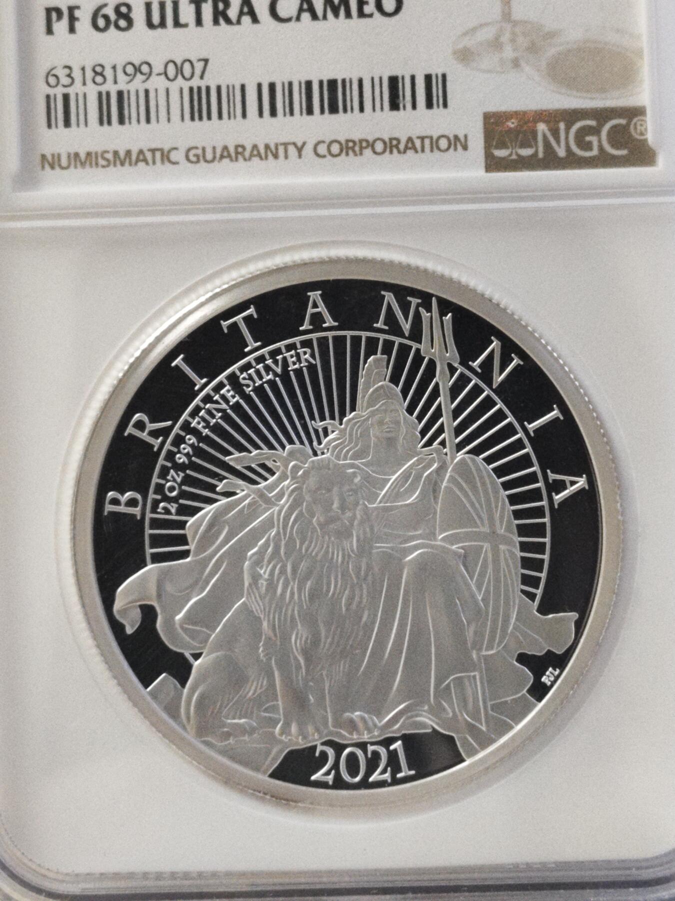 第179期拍卖【长期征集拍品】 英国2021年不列颠女神狮子2盎司加厚银币NGC-PF68无盒无证书，999银，发行250枚