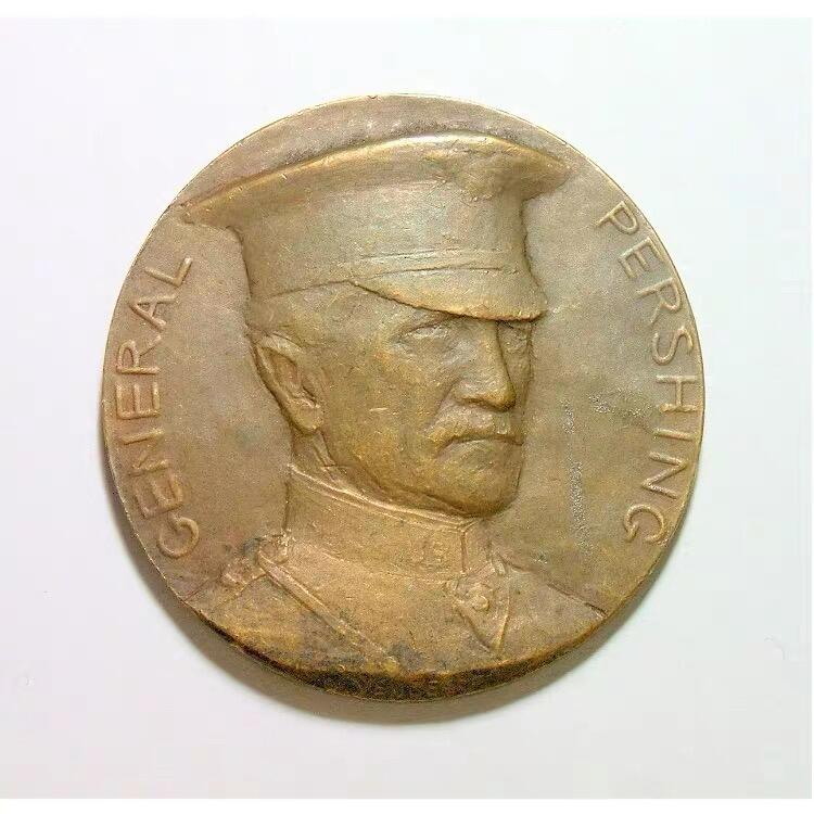 法国1917年 一战名将潘兴+拉法耶特高浮雕精制大铜章 42MM