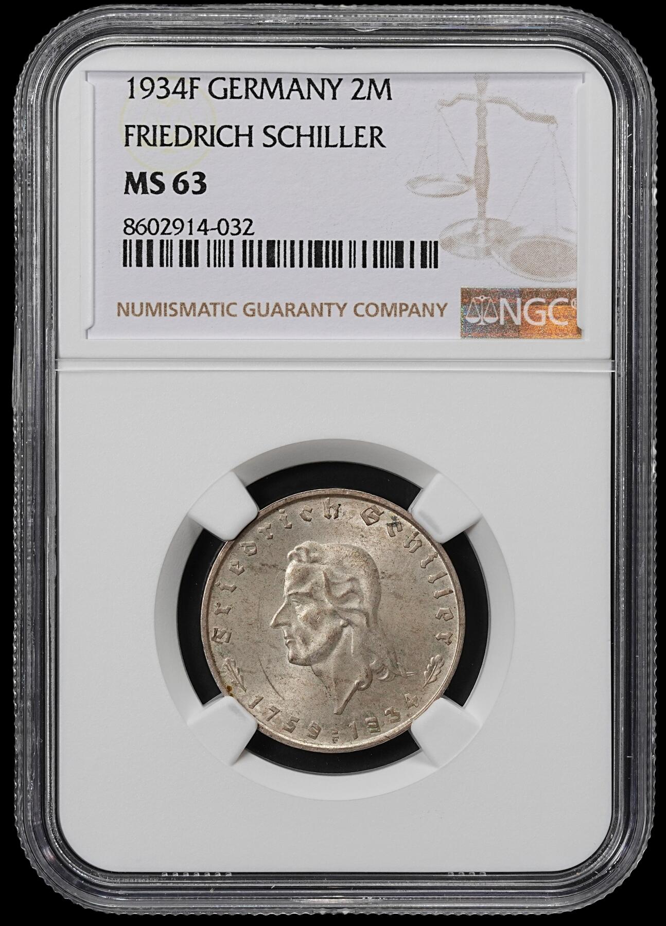 修遠堂世界钱币第九十期 NGC MS63 1934年第三帝国-席勒诞辰175周年纪念2马克银币