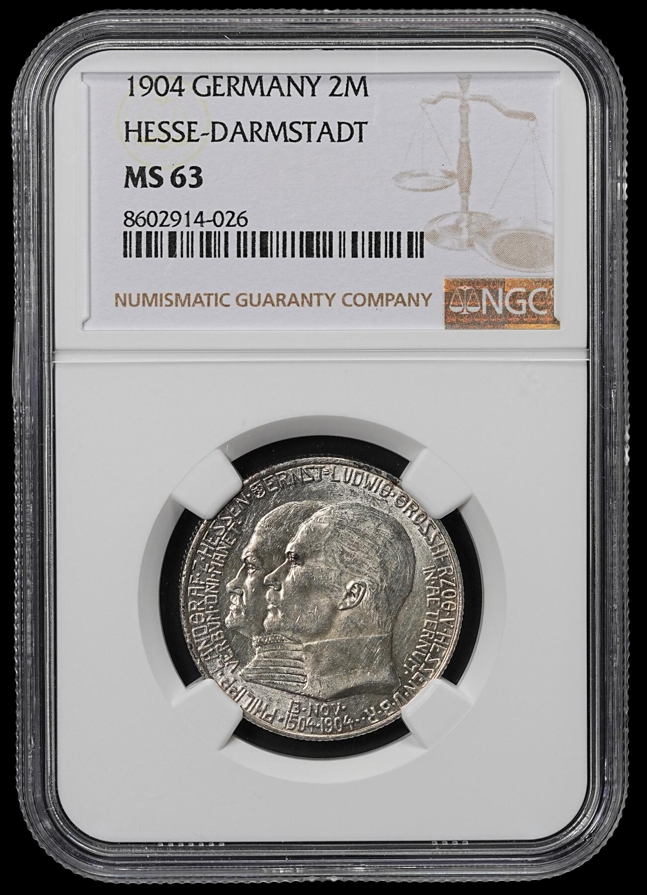 修遠堂世界钱币第九十期 NGC MS63 1904年黑森-菲利普一世诞辰400周年2马克银币
