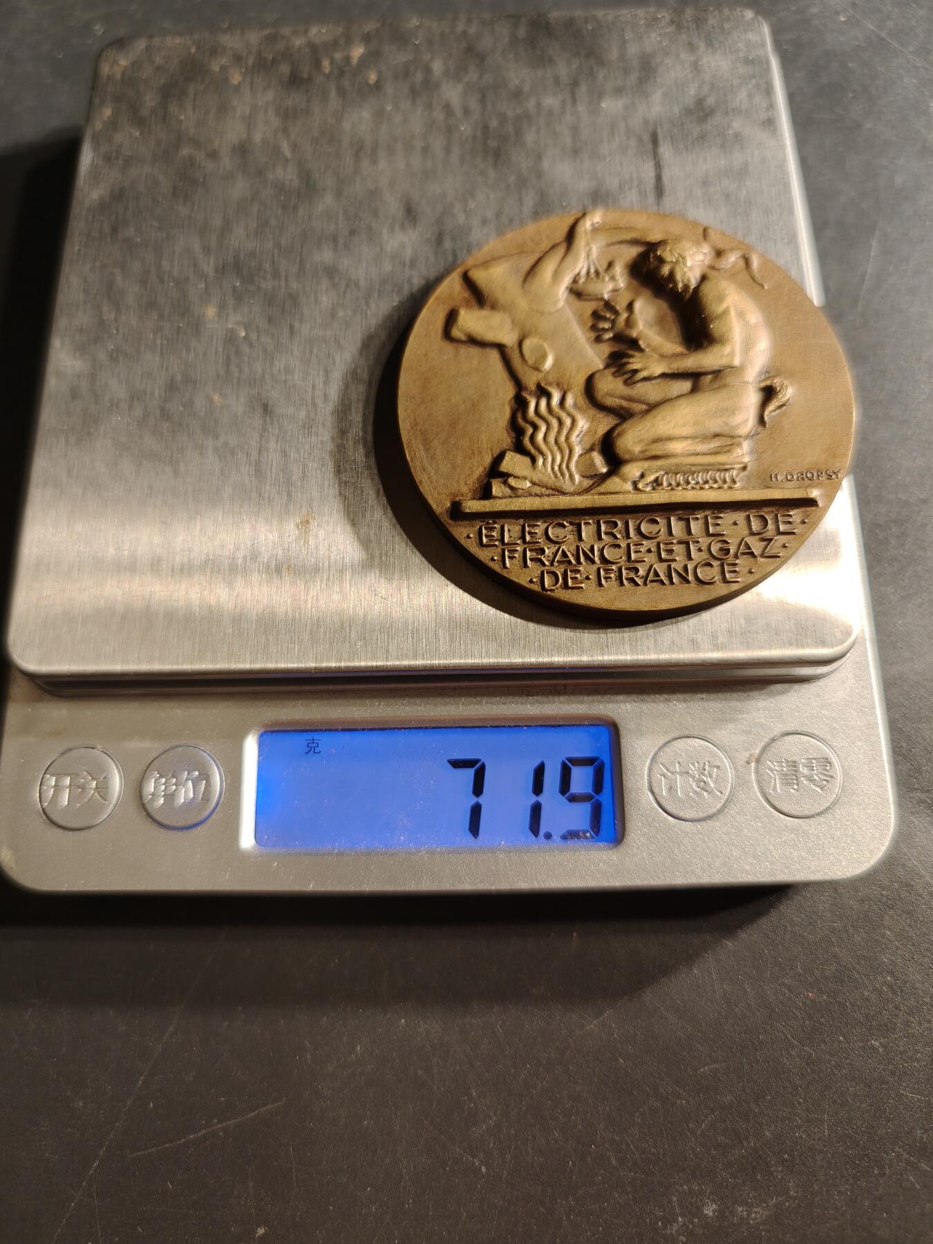 老王徽章第158期 法国电力与天然气公司大铜章    大师Dropsy作品    直径54mm.   重量71.9g