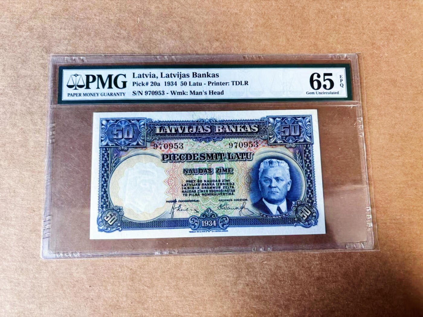 【Blue Auction】世界纸币精拍第741期——18级TOP拍卖/信誉/品质/专业/高效💫 拉脱维亚 1934年50拉图 PMG65EPQ