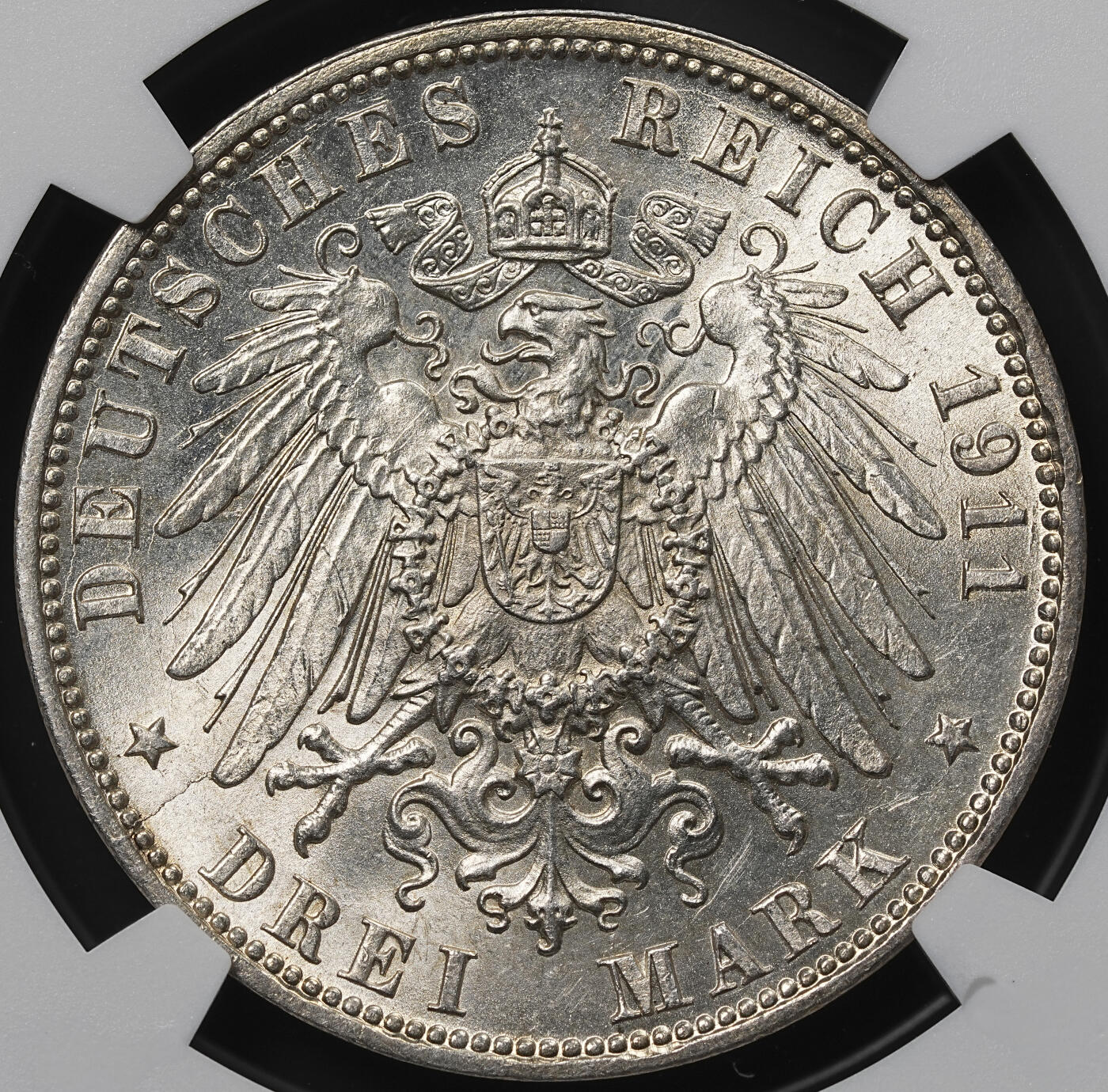 修遠堂世界钱币第九十期 NGC MS65 1911年汉堡3马克银币