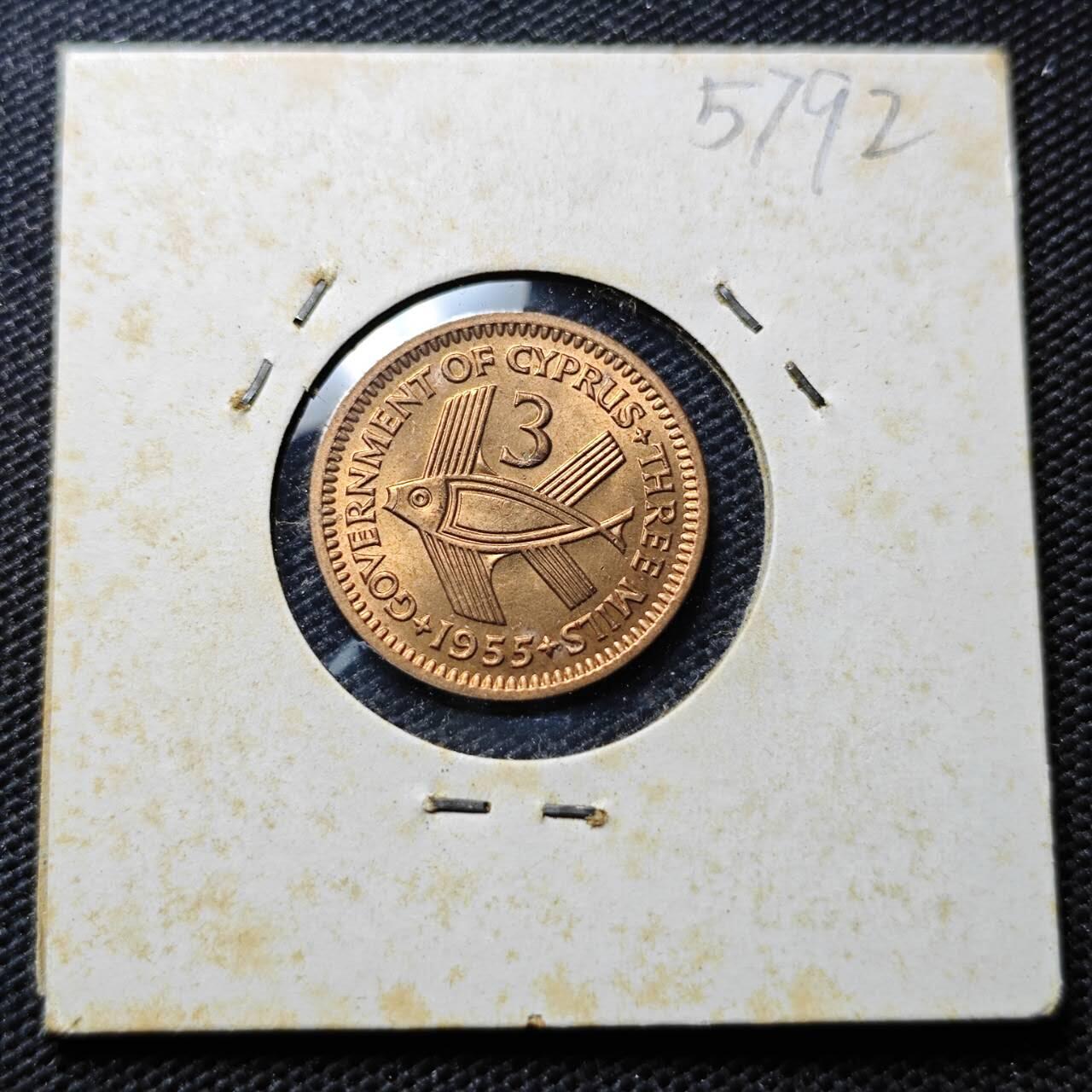 KK钱币收藏小铺  第357场  2月预留时间 周末发货 1955塞浦路斯3米尔  好品铜币