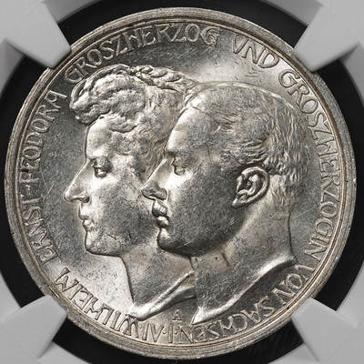 修遠堂世界钱币第九十期 - NGC MS64 1910年萨克森·魏玛·艾森纳赫公国大公结婚纪念3马克银币