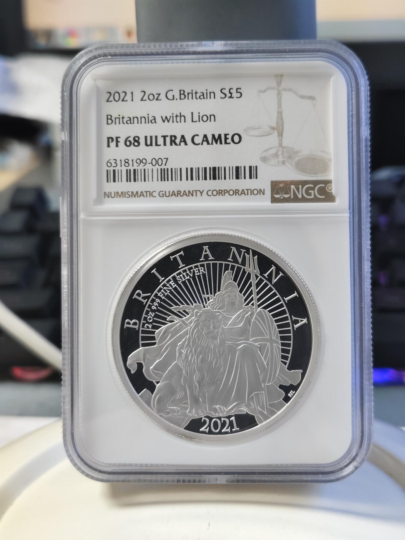 第179期拍卖【长期征集拍品】 英国2021年不列颠女神狮子2盎司加厚银币NGC-PF68无盒无证书，999银，发行250枚