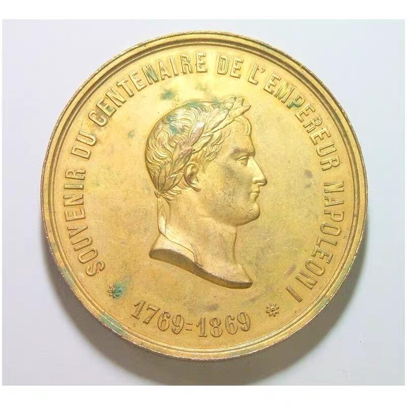 【艺术】法国艺术大章1869年 拿破仑诞辰百年金叶冠 高浮雕精制大镀金章 50MM