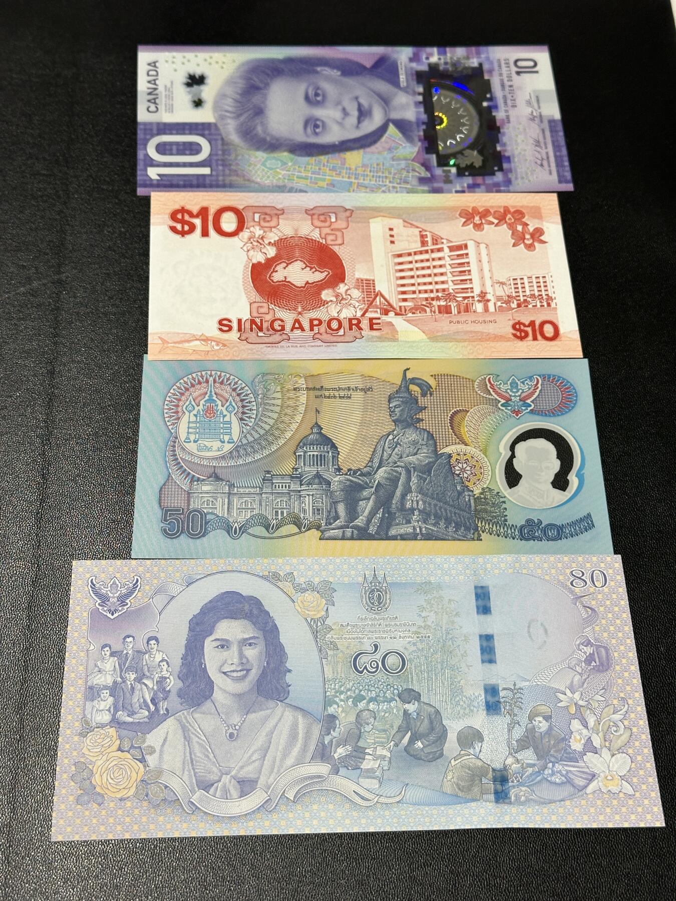 《外钞收藏家》第五百七十八期（热门品种好货场）（本平台长期征集拍品、欢迎藏友们联系合作） 加拿大10元、新加坡10元、泰铢2张 一起 全新UNC