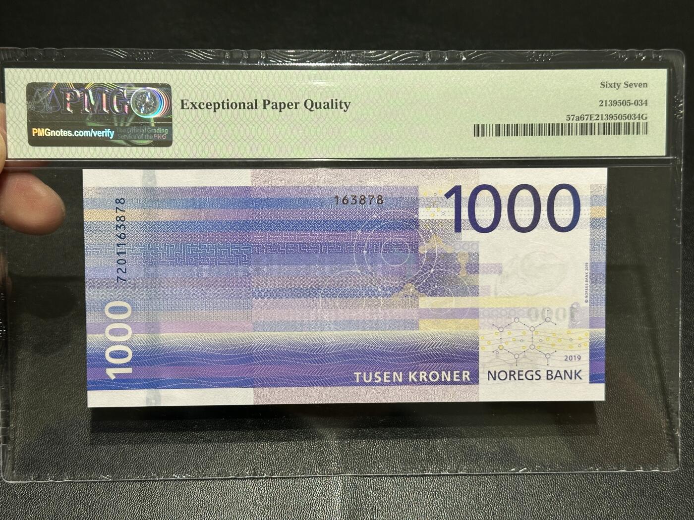 《外钞收藏家》第五百七十八期（热门品种好货场）（本平台长期征集拍品、欢迎藏友们联系合作） 2019年挪威海洋版1000克朗 PMG67