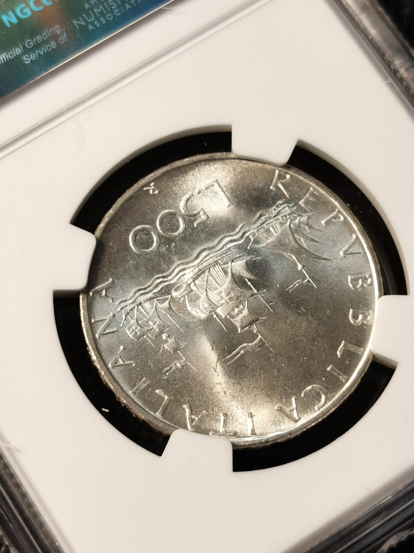 甄臻铺-世界币章拍卖（第36期），送拍享返佣金等优惠多多 NGC-MS66 1966年意大利帆船少女500里拉，高分卷拆